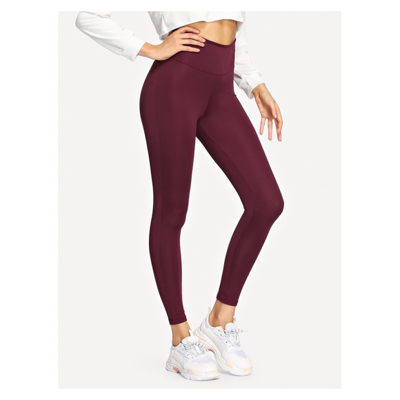 Burgundy Back Criss Cross Solid Workout Leggings - Picture 3 of 5